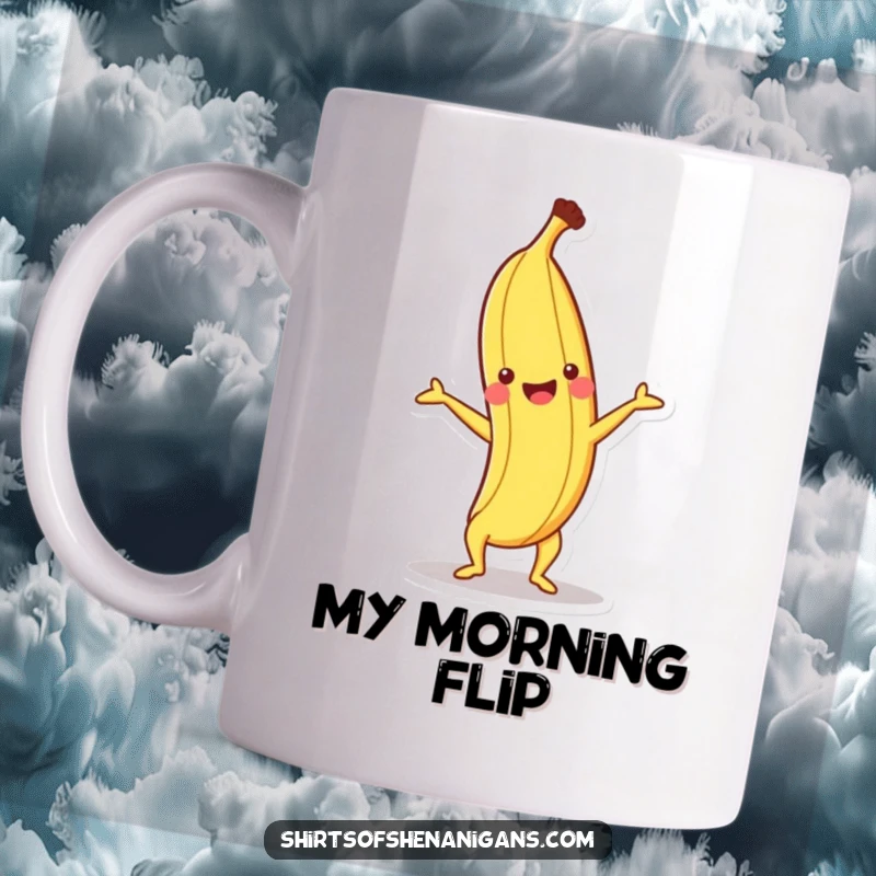 Funny mug featuring a happy banana performing a perfect handstand with a wide, cheerful grin.