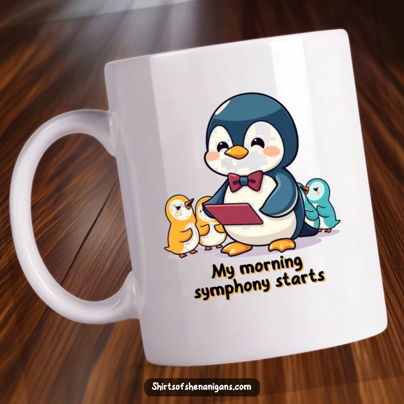 Funny mug with a penguin in a bowtie conducting an orchestra of squeaks, a charmingly humorous scene.