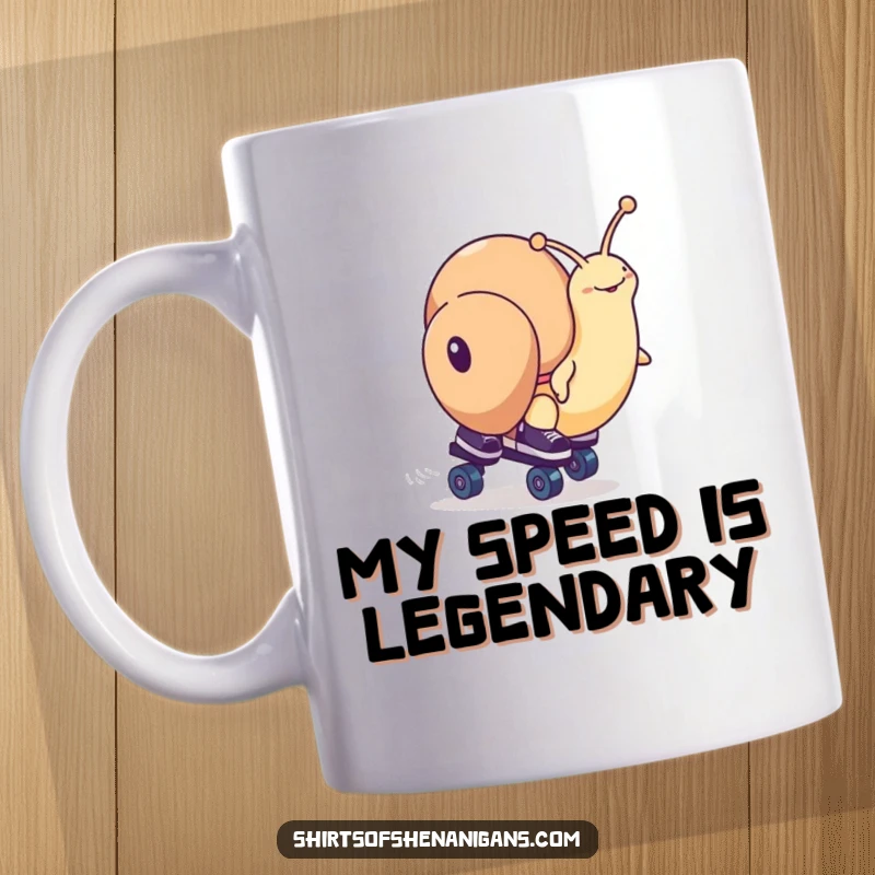 Funny snail character wearing roller skates, zooming forward in a race, expressing determination and humor on a ceramic mug.