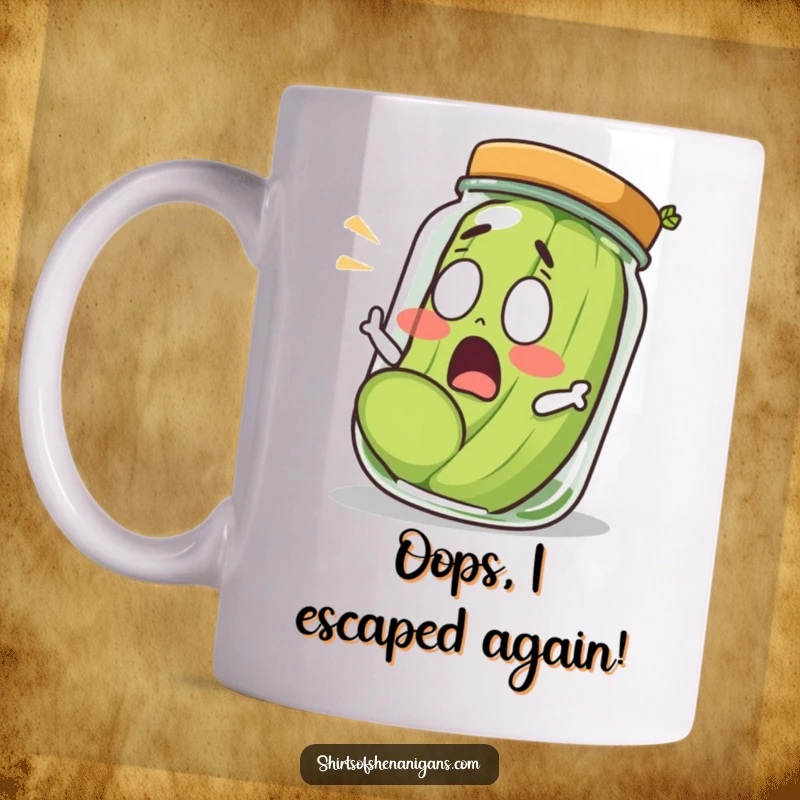 Funny shocked pickle rolling out of a jar, expressing extreme surprise on a ceramic mug, a hilarious gift idea.