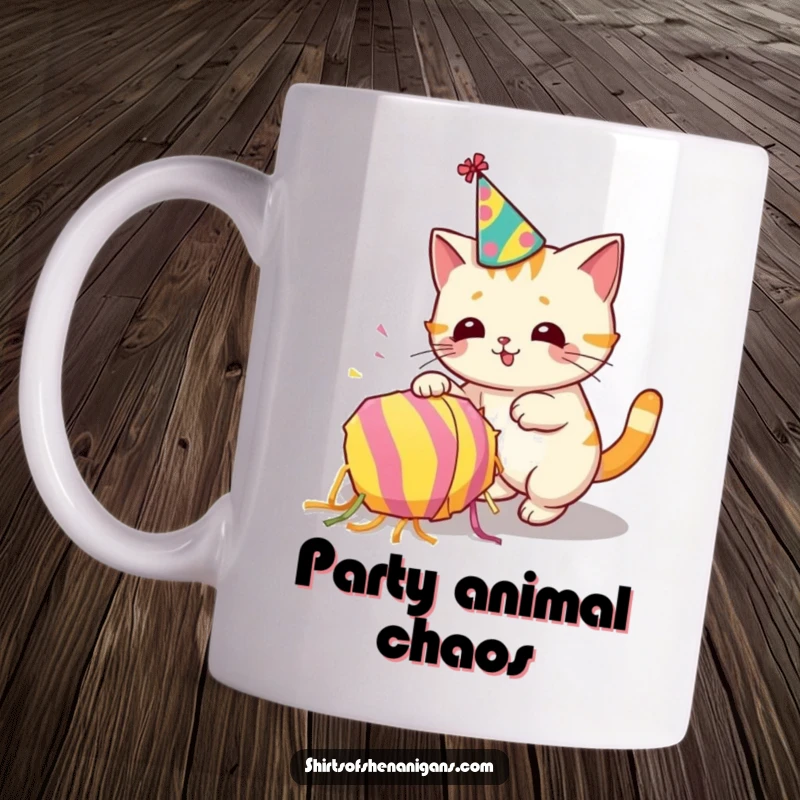 Funny mug with a cat wearing a party hat accidentally knocking over a colorful piñata, celebrating party disaster.