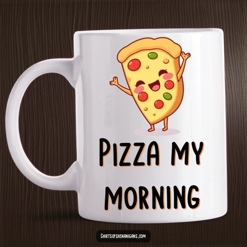 Funny mug featuring a smiling pizza slice doing a cartwheel, bringing food humor and a fun, funny gift.