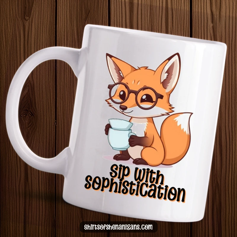 Funny fox mug featuring a sophisticated fox wearing a monocle, sipping tea dramatically, perfect for humorous enjoyment.