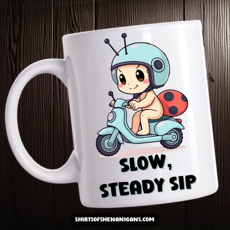 Funny snail mug showing a determined snail wearing a tiny helmet, racing a ladybug scooter, perfect for slow and steady racers.