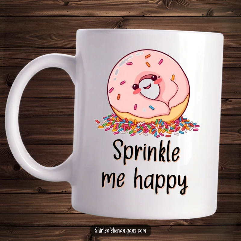 Funny Mug: Plump donut giggling as it rolls into a pile of sprinkles, a joyful and humorous food item.