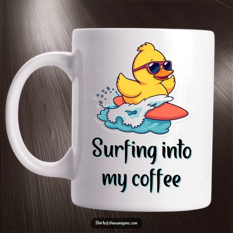 Funny mug featuring a rubber duck in sunglasses attempting to surf on a wave, embodying pure beachy fun.