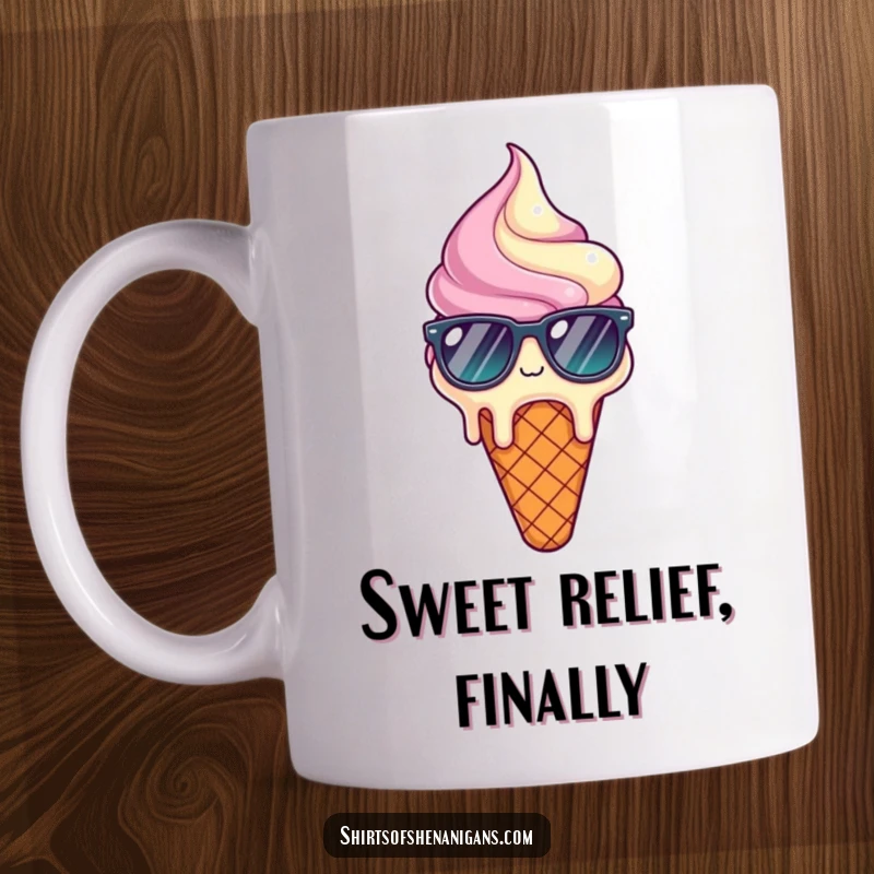Funny mug featuring a melting ice cream cone wearing cool sunglasses, looking utterly relieved and relaxed.