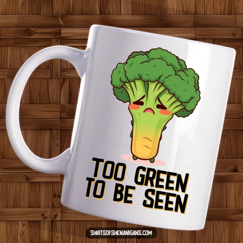 Funny embarrassed broccoli stalk hiding behind a giant carrot on a mug, showcasing relatable veggie awkwardness.