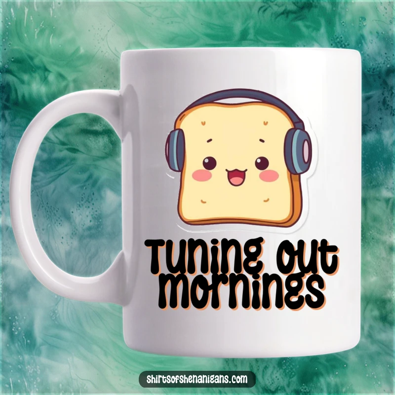 Funny mug with a startled piece of toast wearing comically large headphones, enjoying loud music.