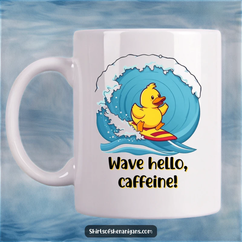 Funny rubber duck mug, determinedly surfing a massive wave with a splash, showcasing bravery and aquatic humor.