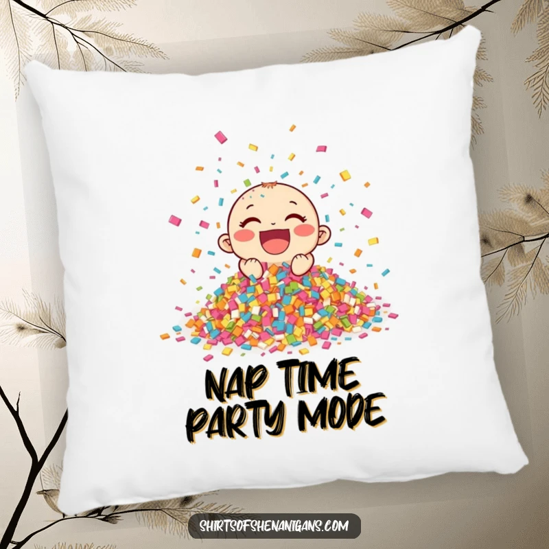 Funny Giggling Confetti Pillow with a vibrant pile of confetti celebrating, offering comfort and a festive vibe, a perfect funny gift.