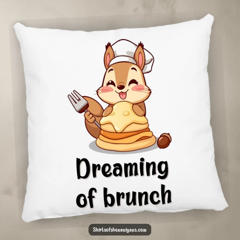 Funny squirrel chef pillow featuring a squirrel with a giant acorn pancake, adding cozy charm.