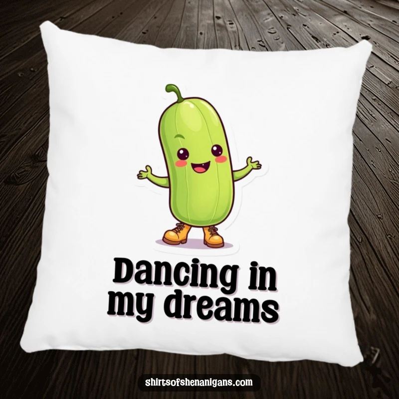 Funny Pickle Pillow: A dancing pickle wearing tiny boots, providing soft comfort and humorous vibes.