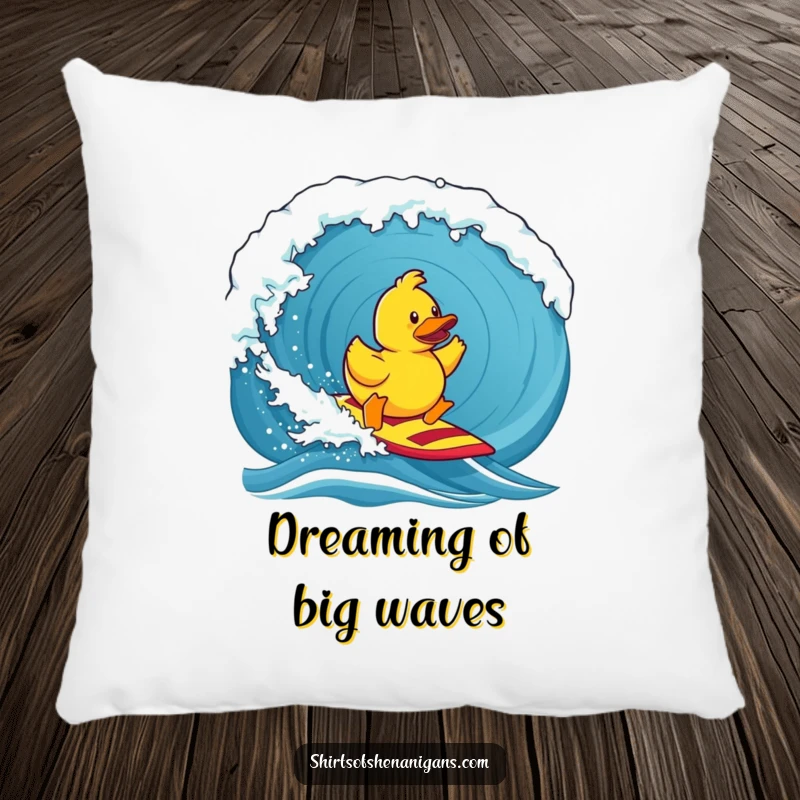 Funny pillow, a determined rubber duck surfing a giant wave with water splashing, adding humor to any room.