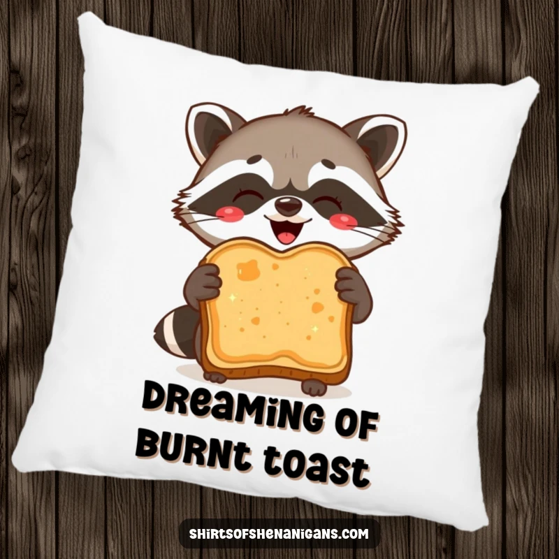 Funny Pillow: Delighted raccoon proudly holds burnt toast, adding soft, humorous charm.
