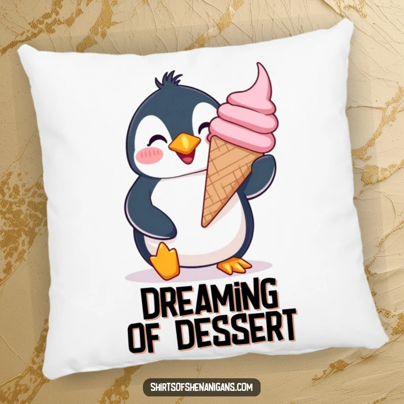 Funny giddy penguin pillow, joyfully holding a giant ice cream cone with a silly grin, for cozy happiness.