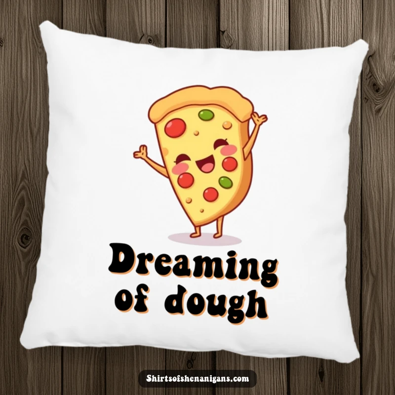 Funny pillow with a smiling pizza slice doing a cartwheel, perfect for cheesy decor and a soft, funny gift.