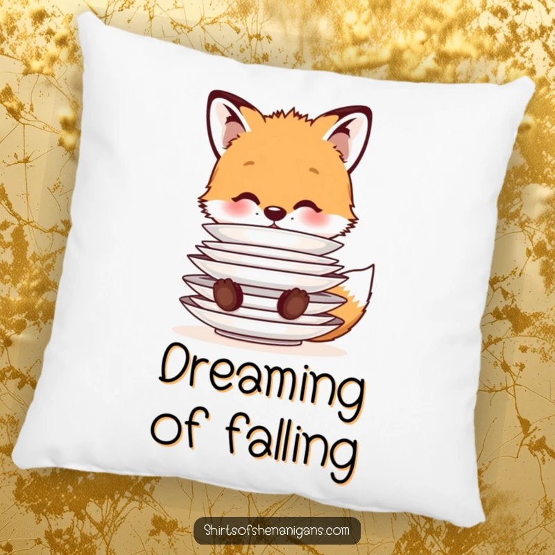 Funny Pillow: A cute fox cub balancing a stack of plates on its nose, offering comfort and a whimsical decorative accent.