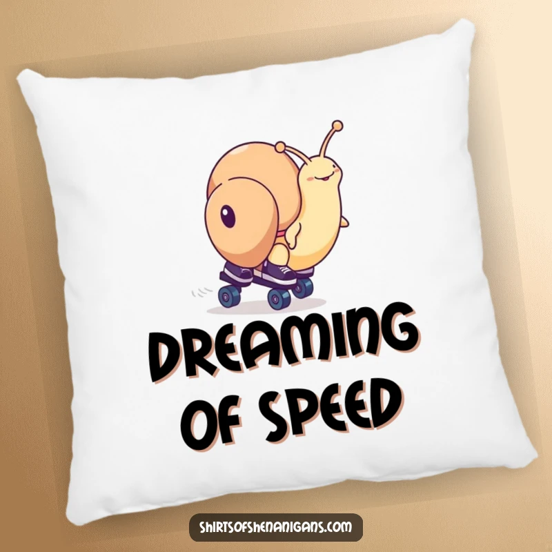 Funny snail character with roller skates, in a determined racing pose, featured on a soft pillow for humorous and comfortable home decor.