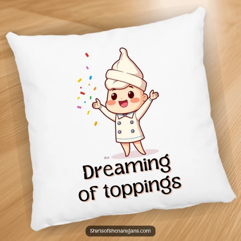 Funny ice cream cone chef pillow featuring a happy character juggling sprinkles, adding sweet comfort.