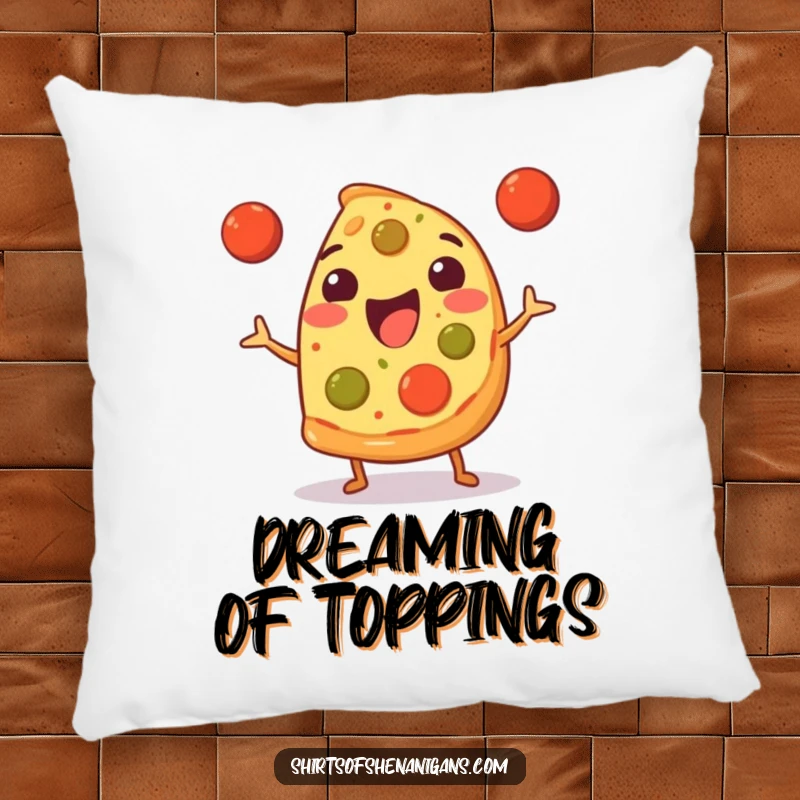Funny Pillow: Happy pizza slice juggling tiny meatballs, a soft and humorous decorative cushion.