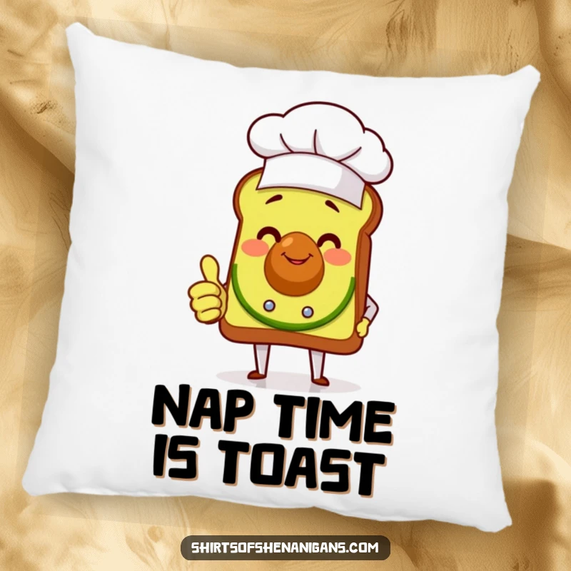 Funny and cheerful avocado toast chef giving a thumbs up, embroidered on a soft, decorative pillow for couch or bed.