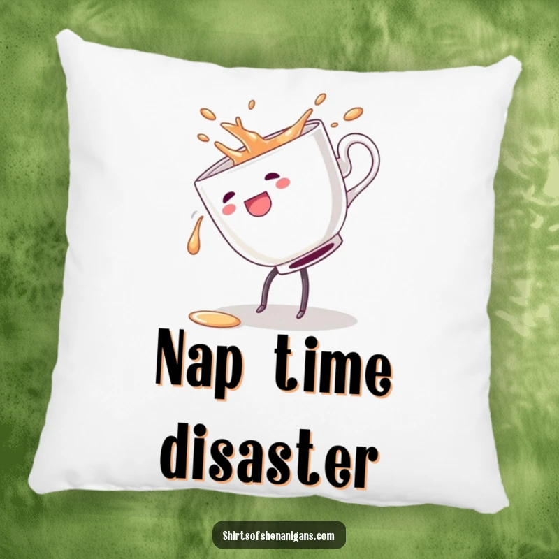 Funny pillow featuring a teacup in a cartwheel, spilling tea, offering comfort and a humorous reminder of life's delightful accidents.