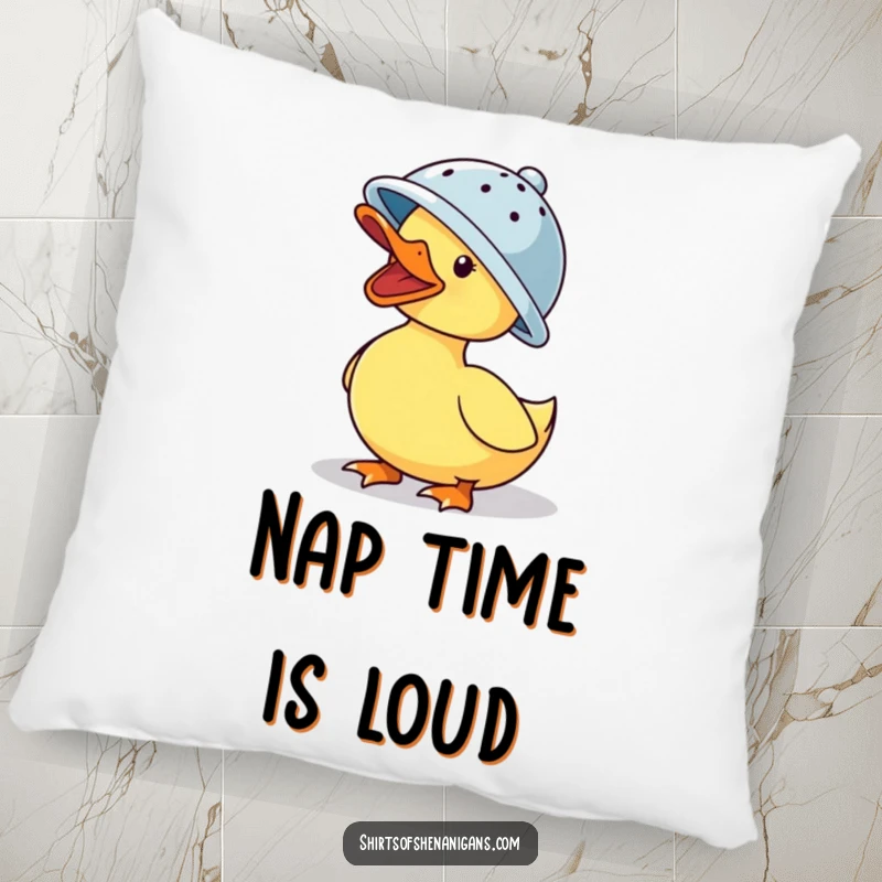 Funny pillow: A quacking duck wearing a colander hat, offering comfort and a dose of silliness.