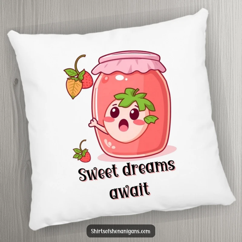 Funny Pillow: Surprised strawberry escaping a jam jar, a soft and humorous decorative cushion.