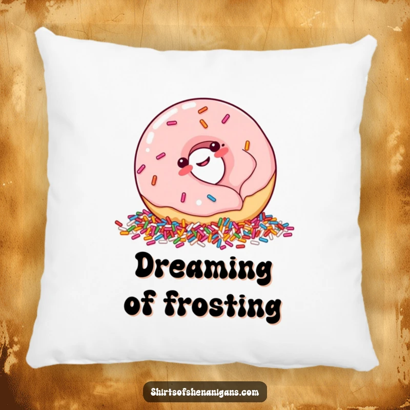 Funny Pillow: Plump donut giggling into a pile of sprinkles, a soft and humorous decorative cushion.