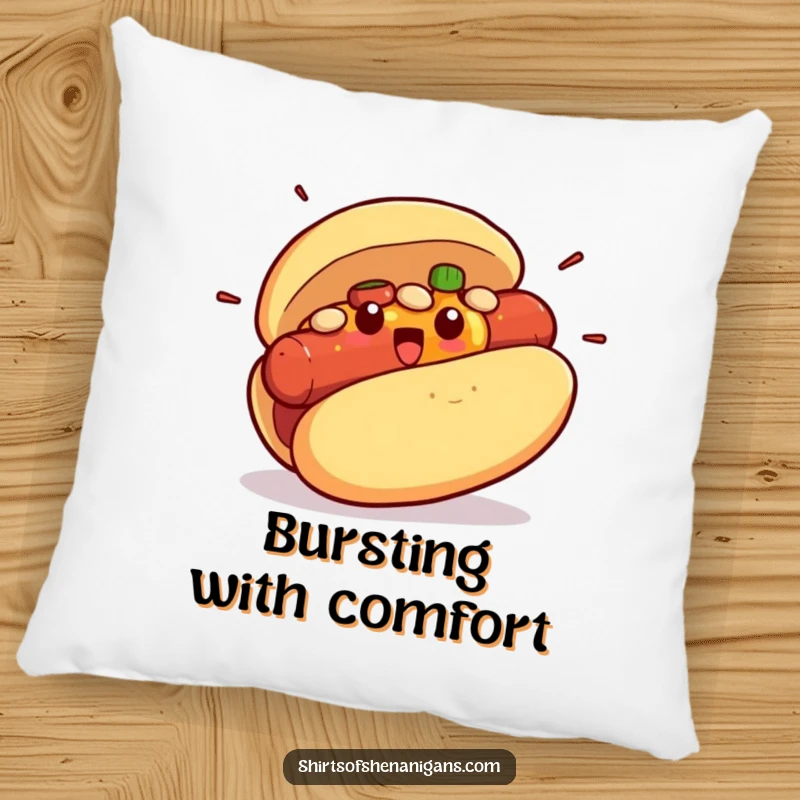 Funny pillow showing a surprised hot dog bun about to erupt with its condiment filling, a plush comedic design.