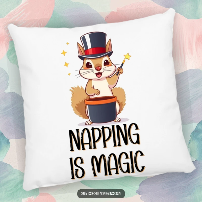 Funny pillow with a squirrel wearing a top hat performing magic tricks, offering cozy and whimsical comfort.
