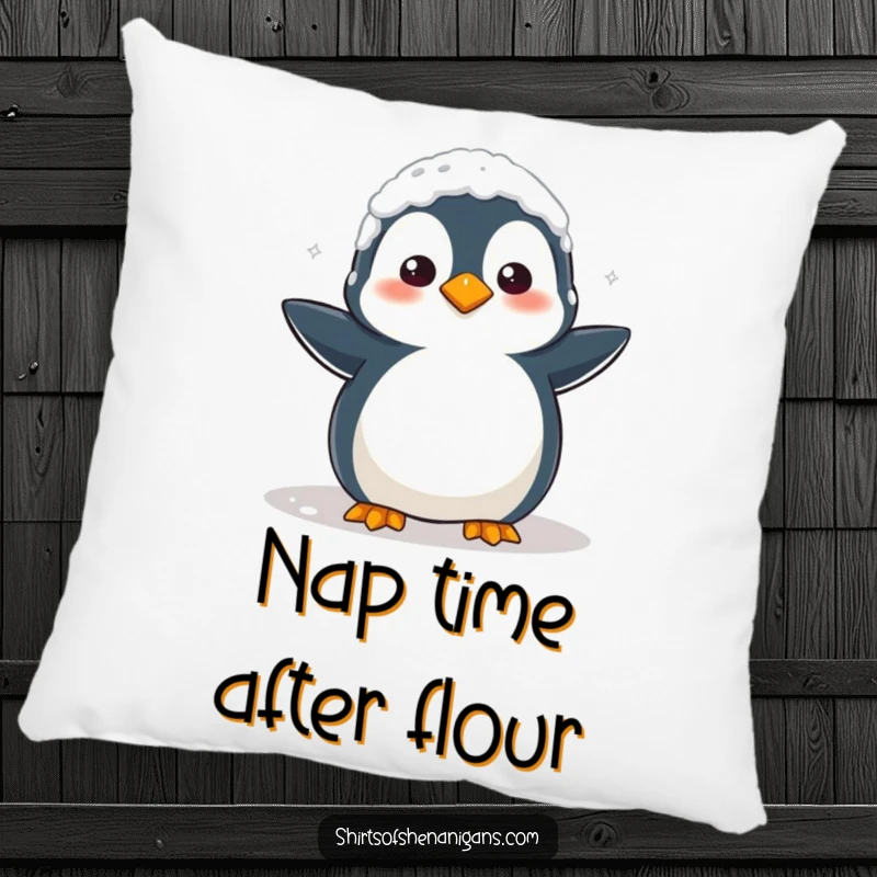 Funny Pillow: Clumsy penguin covered in flour looks confused, adding soft humor to any space.