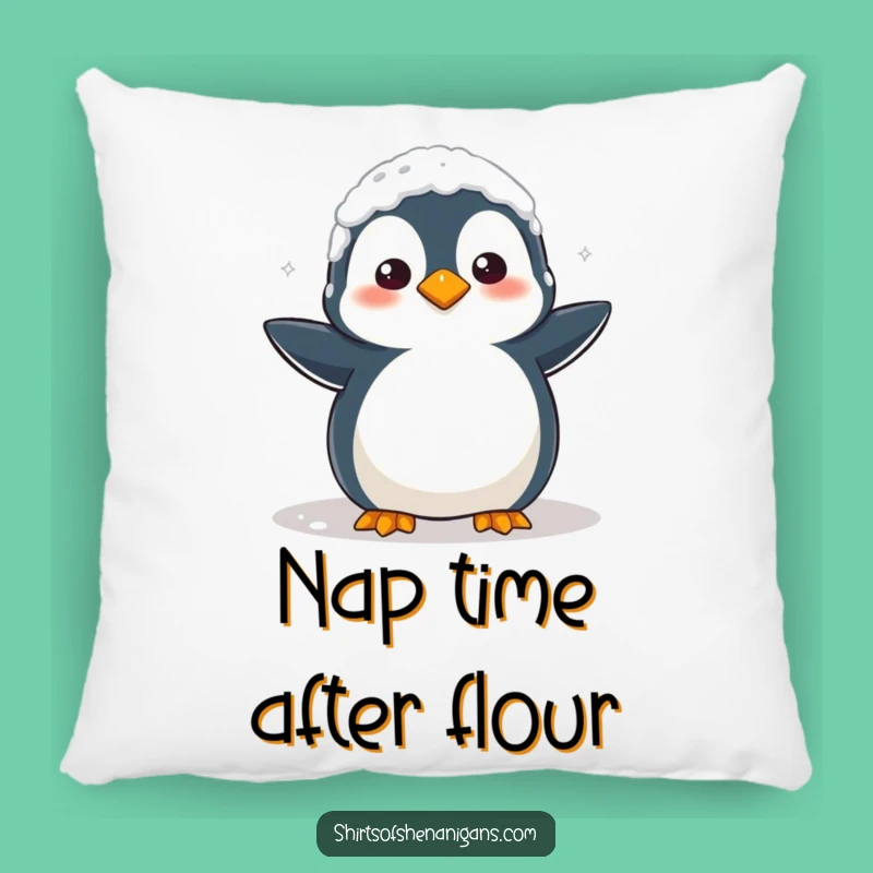 Funny Penguin Baking Pillow: Clumsy Flour Mess, Cozy & Hilarious Accent!