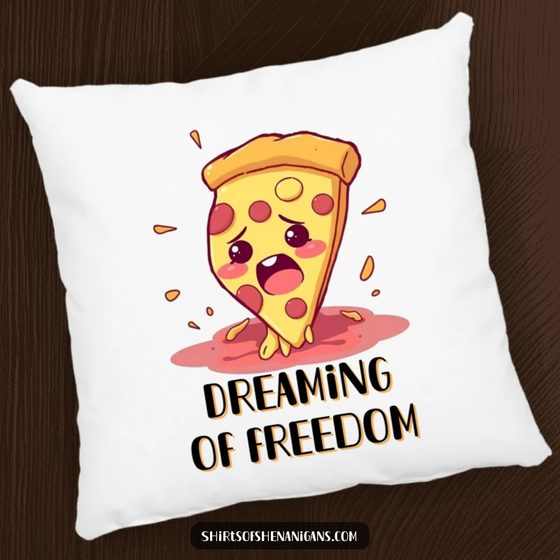Funny pillow showing a bewildered pizza slice fleeing from a hungry mouth, a soft and comical design.