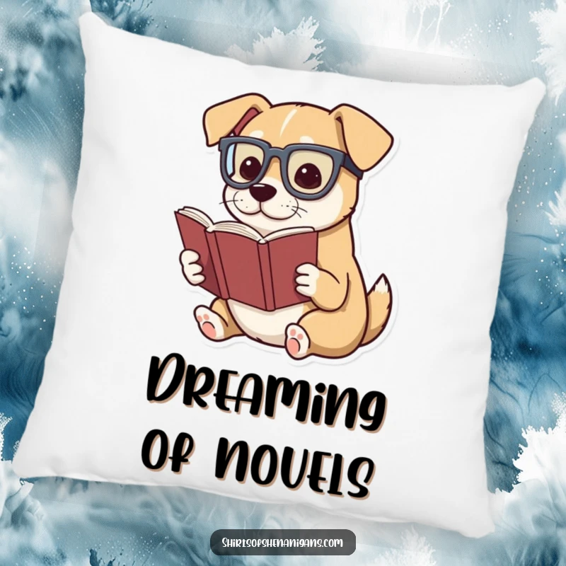 Funny throw pillow with a dog wearing glasses, dramatically reading a tiny book, cozy reading accent.