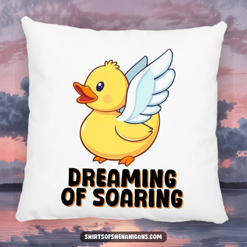 Funny rubber duck with tiny, fanned wings, attempting liftoff, on a soft decorative pillow.