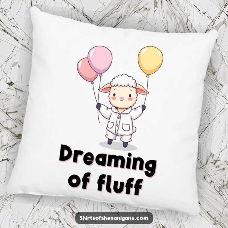 Funny pillow showing a sheep wearing pajamas, comically herding floating balloons, offering soft comfort and a surreal visual delight.