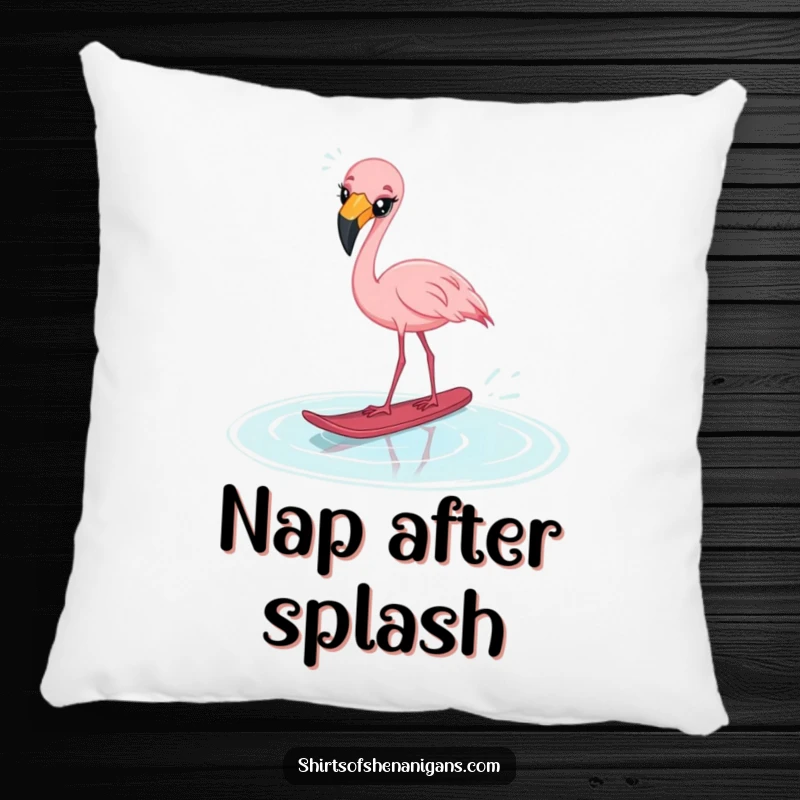 Funny startled flamingo pillow, cross-eyed and attempting water skiing on a puddle, for cozy humor.