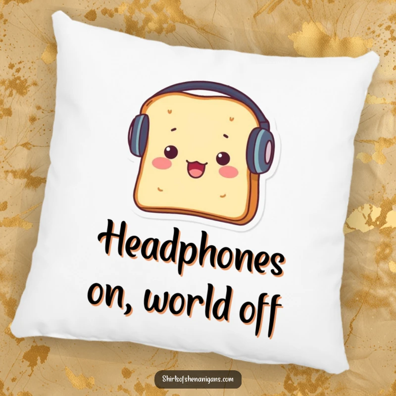 Funny pillow with a startled piece of toast wearing giant headphones, a soft and humorous decor.