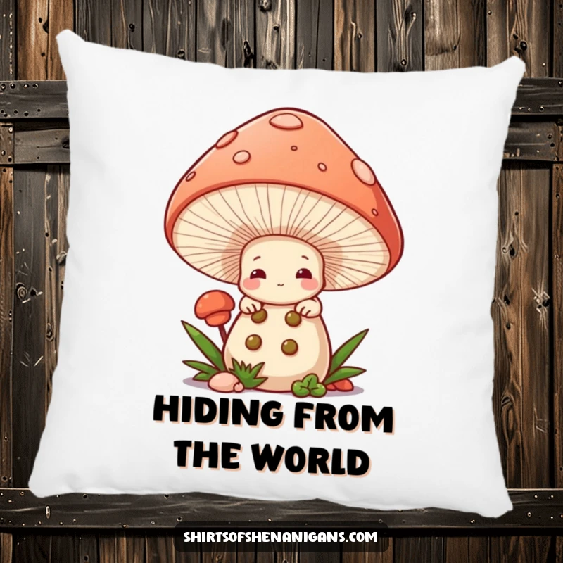Funny Mushroom Chef Pillow: Shy mushroom character peeking from cap, a soft and humorous decorative pillow.