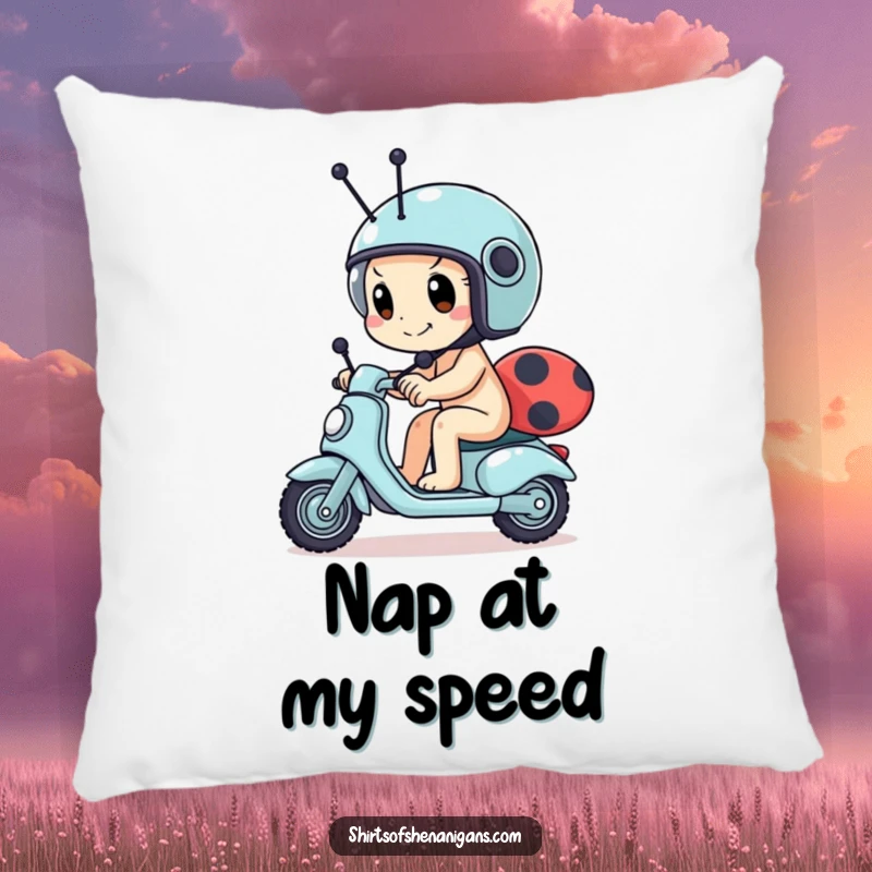Funny snail pillow featuring a determined snail wearing a tiny helmet, racing a ladybug scooter, offering comfort and humor.