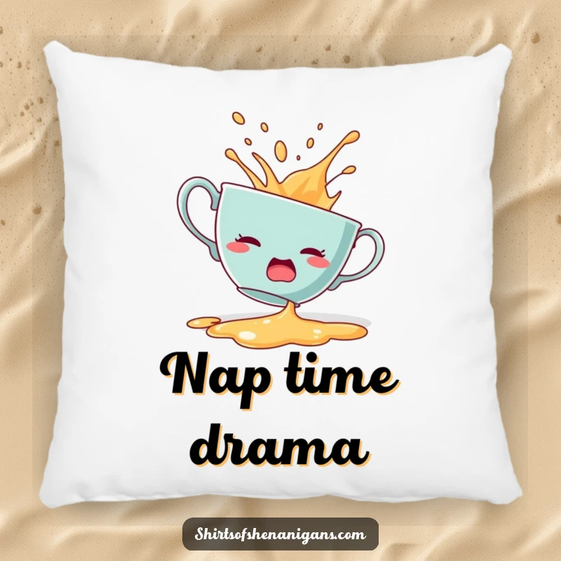 Funny pillow with a soft texture, showing a startled teacup dramatically spilling its contents.