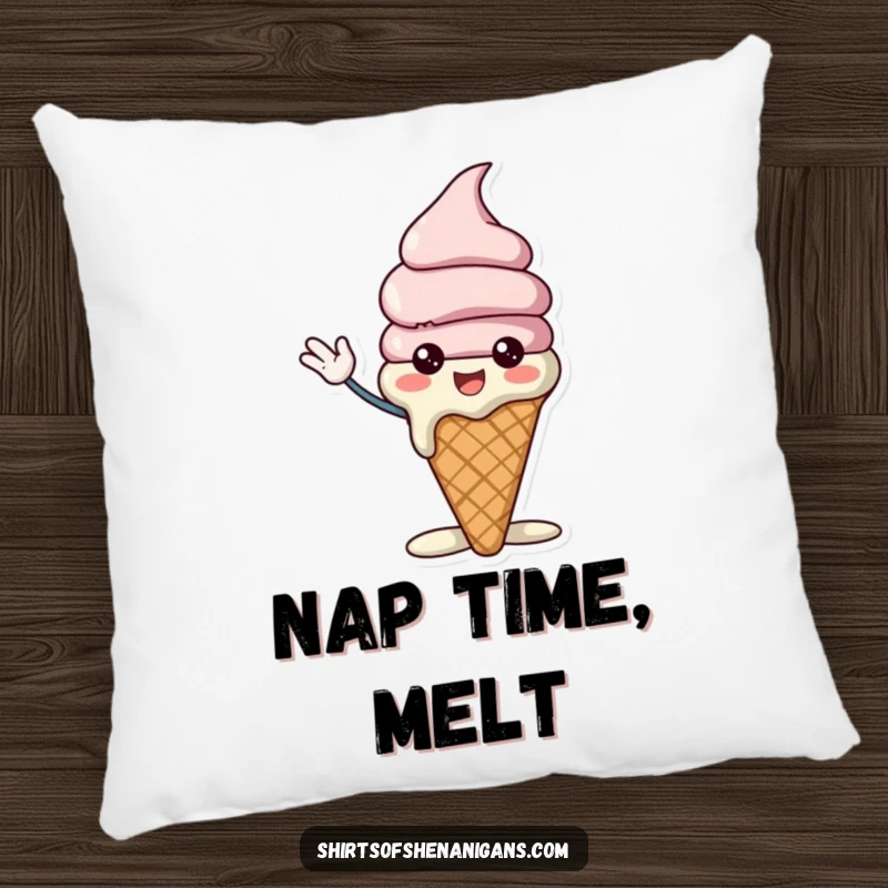 Funny ice cream cone pillow featuring a cheerful character slightly melting while waving excitedly, providing soft comfort and sweet smiles.