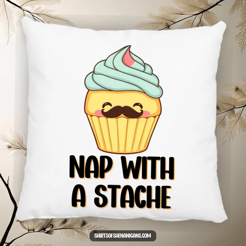 Funny pillow featuring a giggling cupcake applying a frosting mustache, offering comfort and whimsical dessert humor.