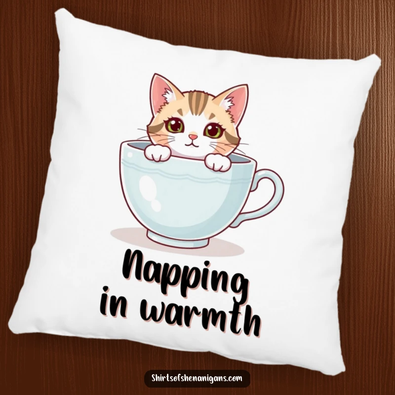 Funny cat pillow, a curious feline peeking from a large teacup, offering cozy comfort and charm. An adorable funny gift.