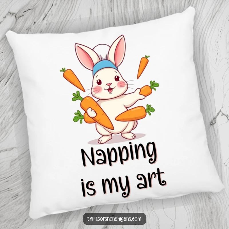 Funny pillow with a rabbit in a chef hat hilariously juggling oversized carrots, providing comfort and comedic appeal for the kitchen.