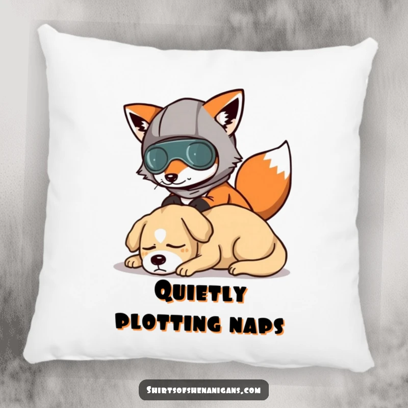 Funny pillow featuring a fox in a funny disguise attempting to creep past a sleeping dog, soft and humorous.
