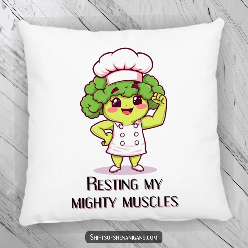 Funny Broccoli Chef Pillow: Proud broccoli character flexing muscle, a soft and humorous decorative pillow.