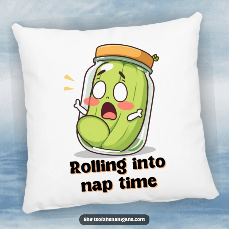 Funny shocked pickle popping out of a jar with a surprised expression, featured on a soft decorative pillow.